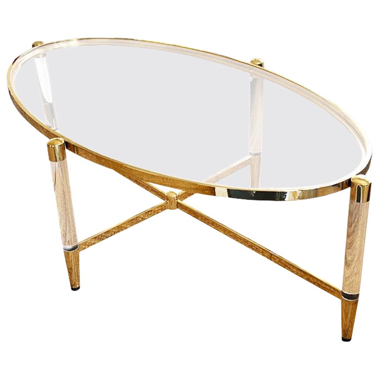 Modern Lucite and Brass Oval Coffee or Cocktail Table with Glass Top For Sale