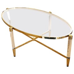 Retro Modern Lucite and Brass Oval Coffee or Cocktail Table with Glass Top