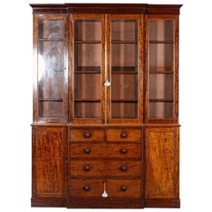 Antique Large English 19thC Mahogany Glazed Breakfront Bookcase