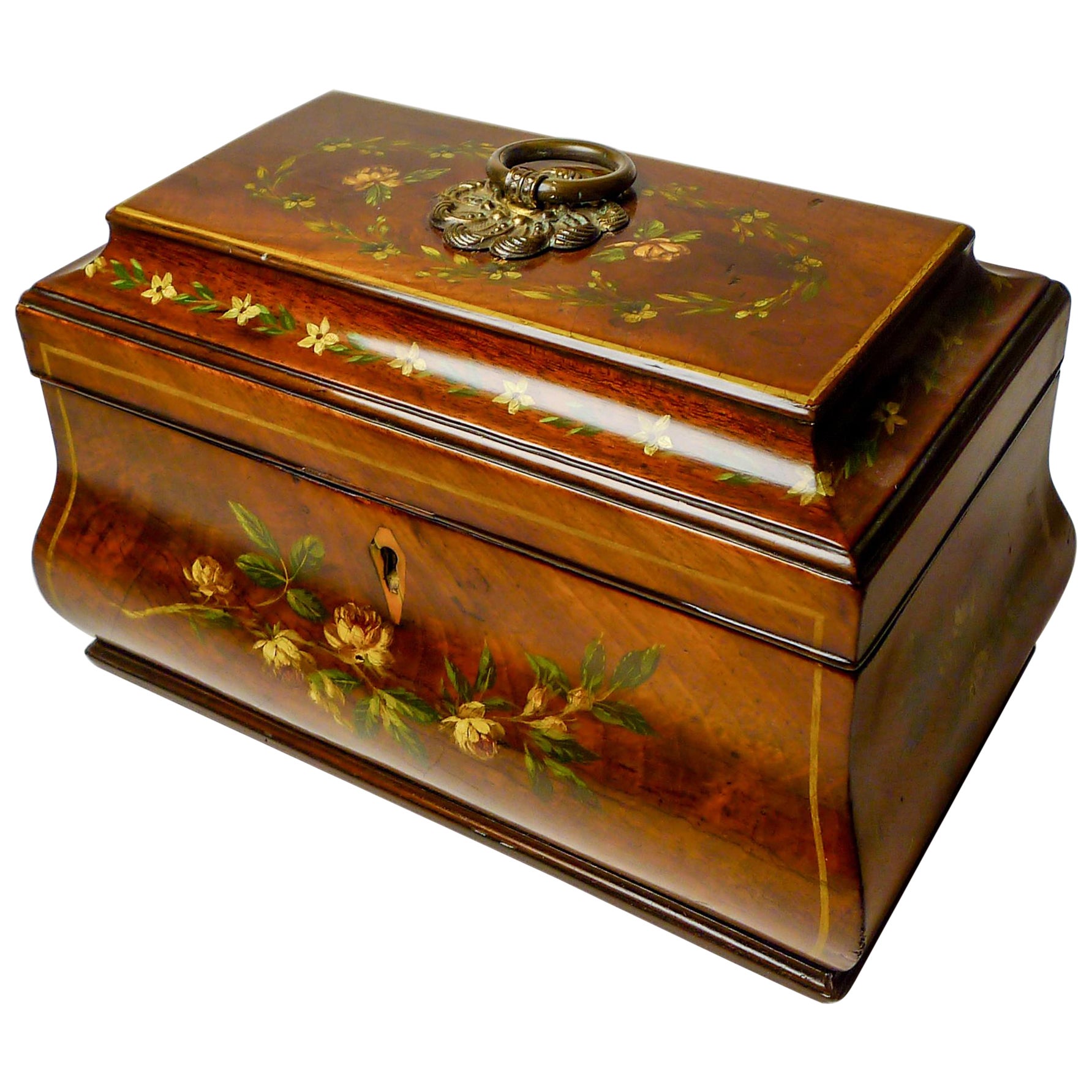 English Hand-Painted Regency Mahogany Tea Caddy c.1820 For Sale