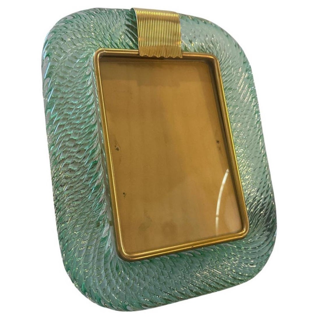 1980s Barovier style Art Deco Green Murano Glass and Brass Picture Frame