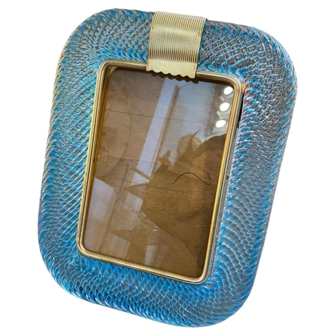 1980s Barovier Style Light Blue Murano Glass and Brass Rectangular Picture Frame For Sale
