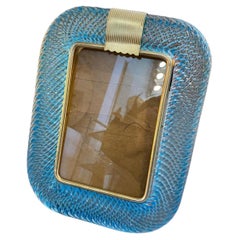 Vintage 1980s Barovier Style Light Blue Murano Glass and Brass Rectangular Picture Frame