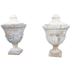 Vintage Pair of Lidded Cast Limestone Greek Key Urns from Southern Italy