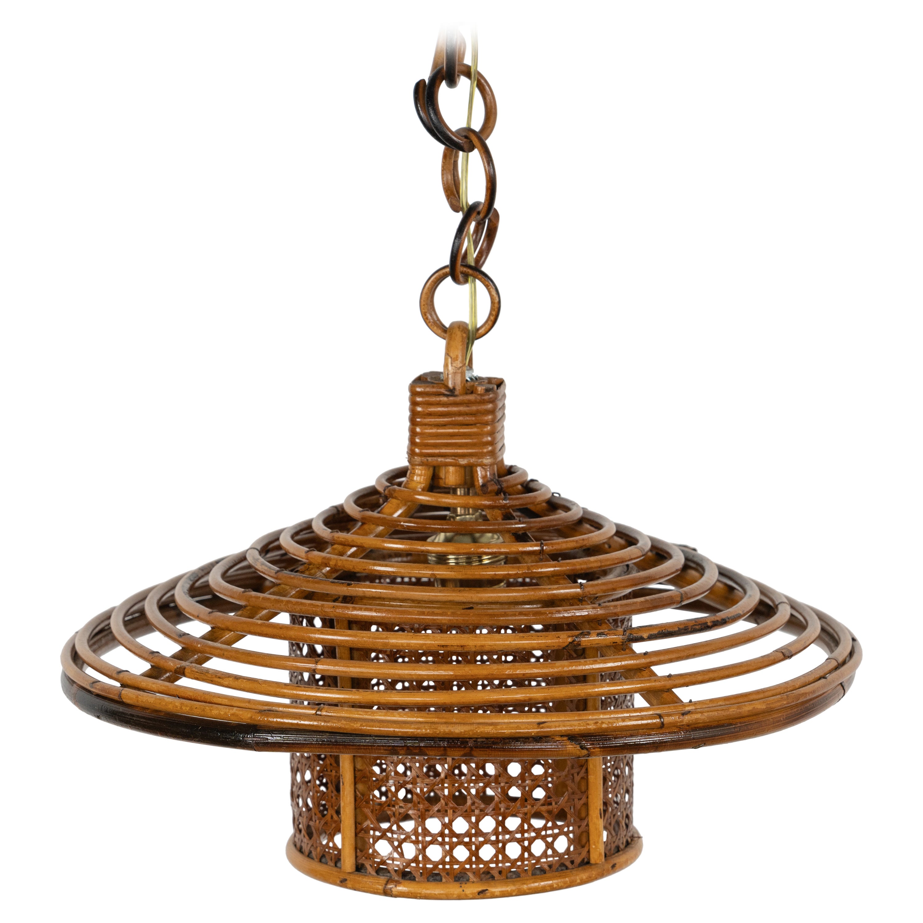 Midcentury Chandelier "Lantern" in Rattan and Wicker, Italy 1960s For Sale