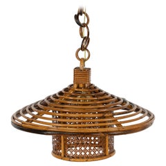 Vintage Midcentury Chandelier "Lantern" in Rattan and Wicker, Italy 1960s