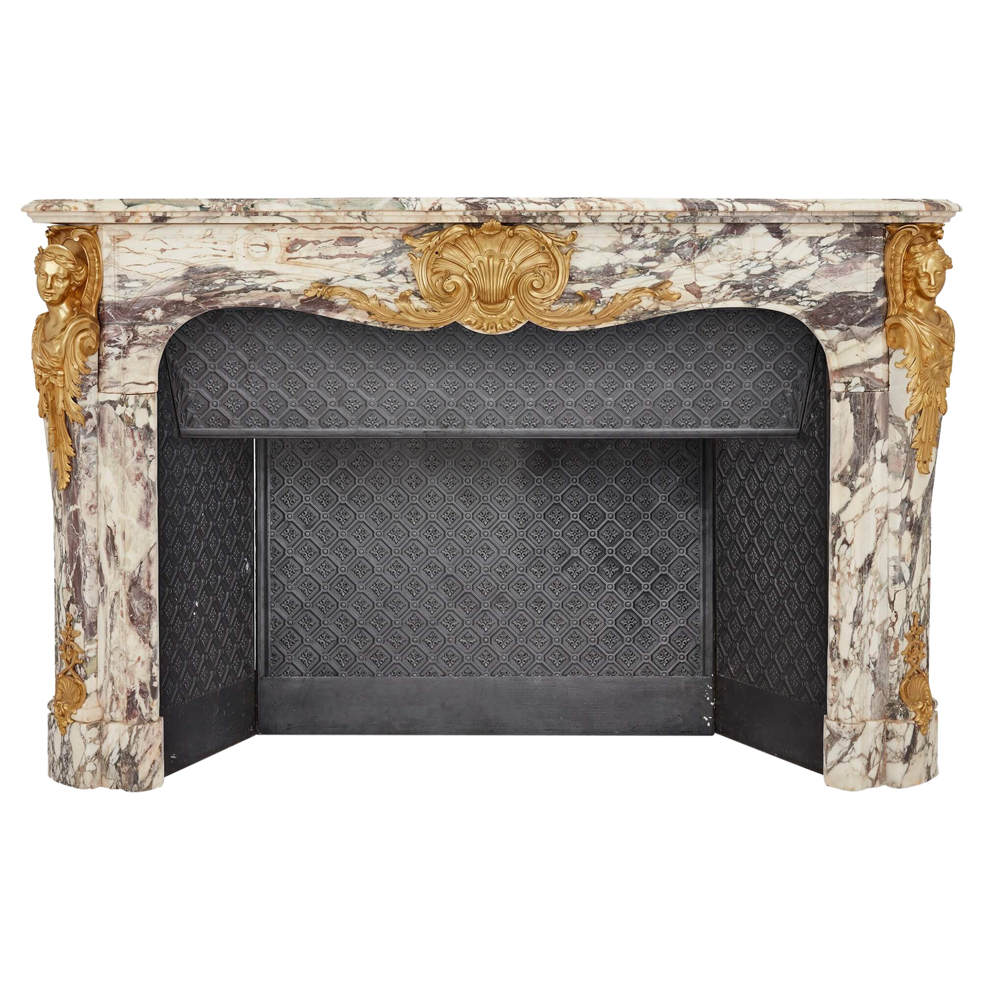 Large Fleur de Pêche Marble and Ormolu Antique Fireplace