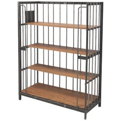 Used French Industrial Shelving in Steel with Oak Shelves.