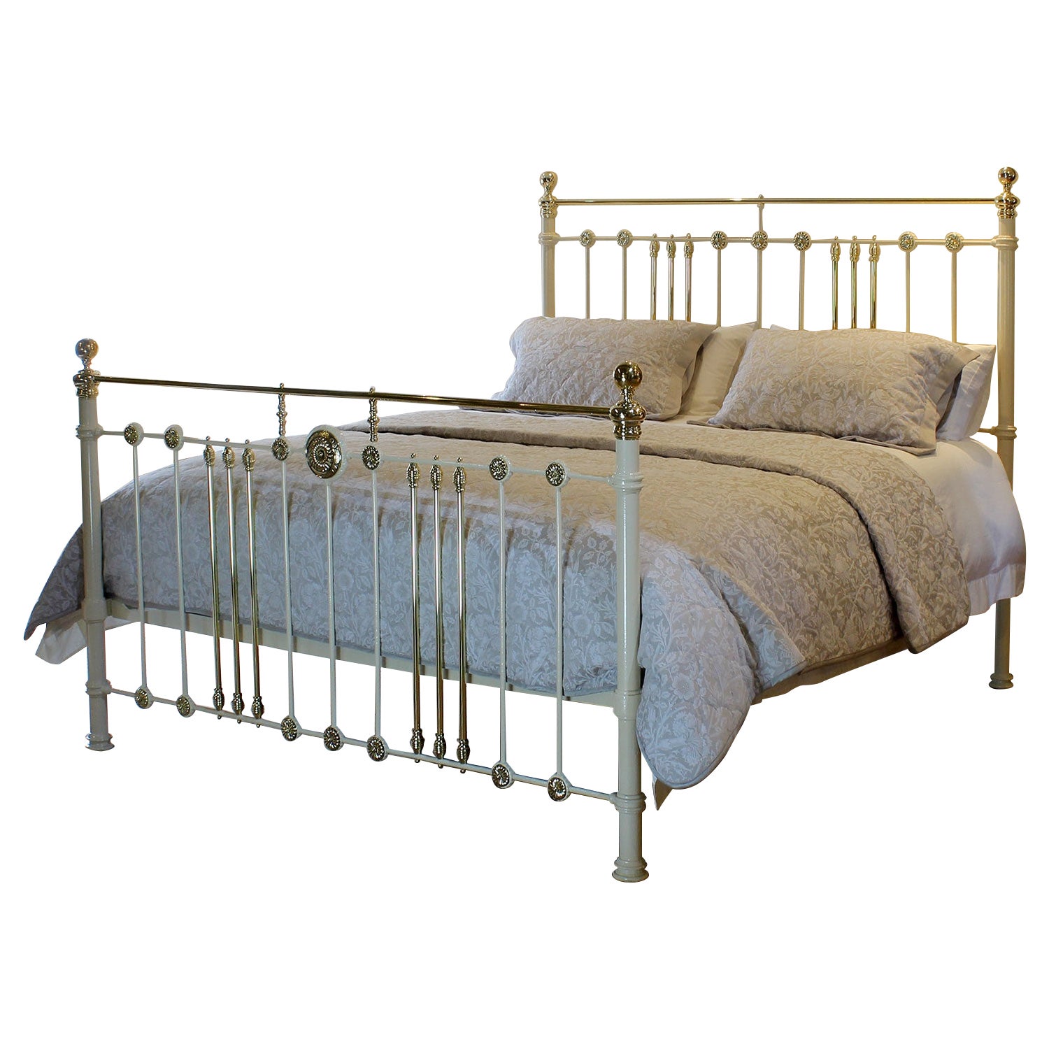 Extra Wide Brass and Iron Antique Bed in Cream with Rosette Decoration, MSK82