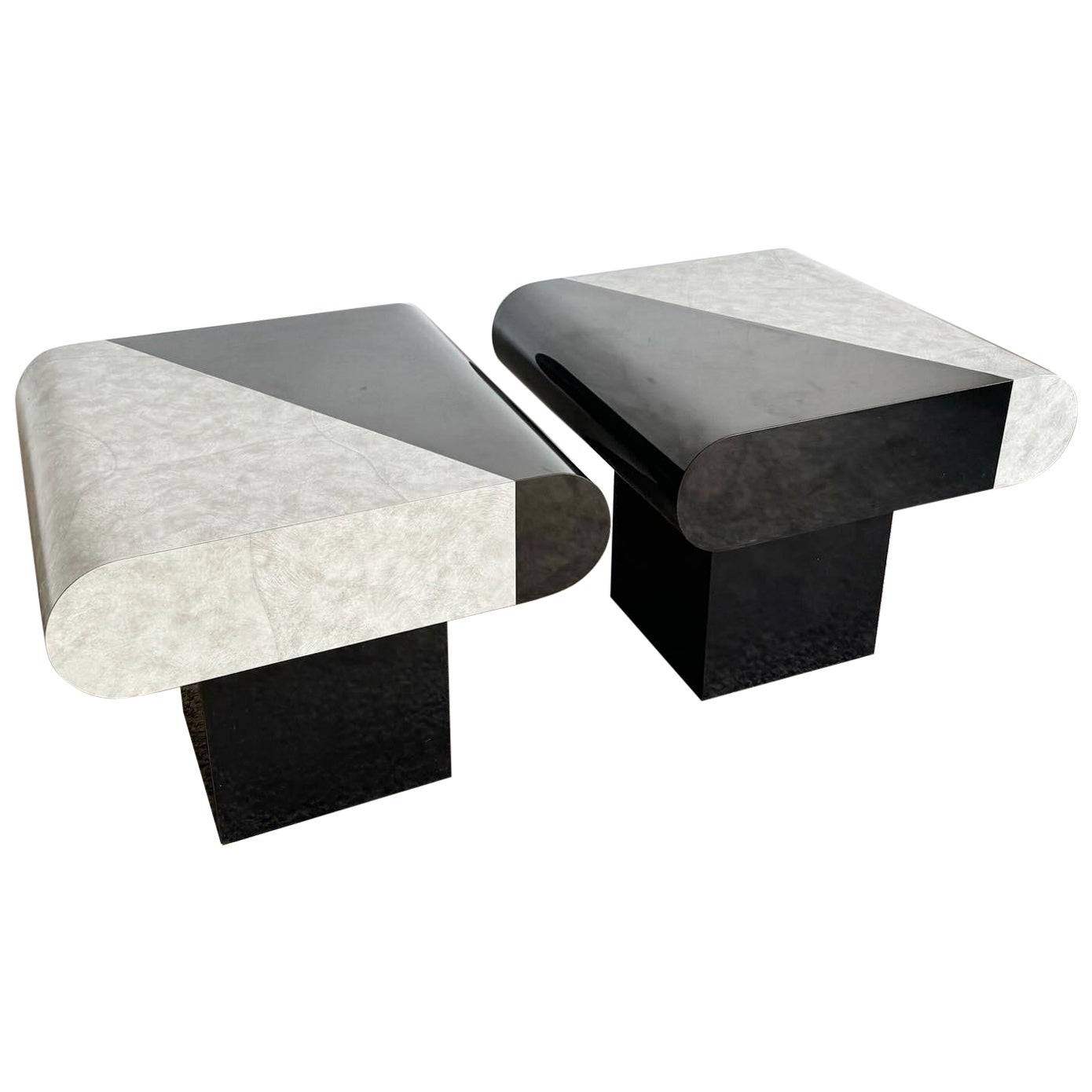 Postmodern Black Gloss and Faux Stone Laminate Bullnose Side Tables - a Pair For Sale