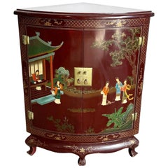 Chinese Lacquered and Hand Painted Demi Lune Cabinet/Side Table