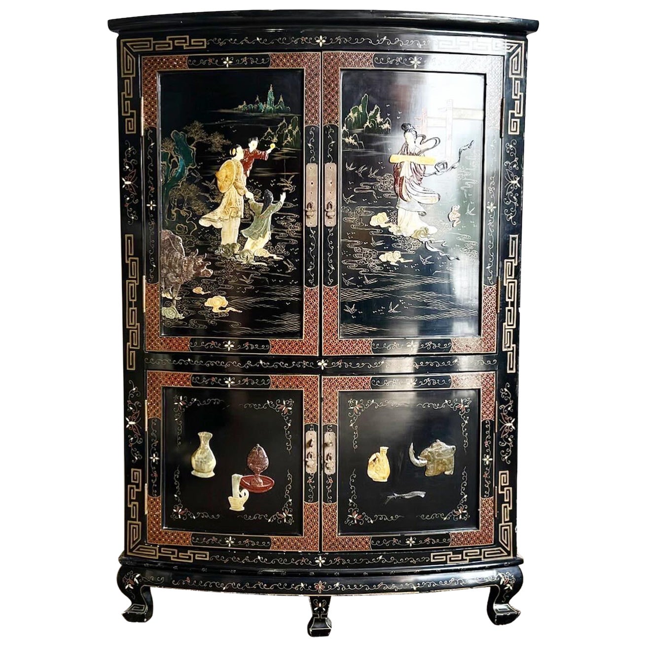 Chinese Black Lacquered and Hand Painted Demi Lune Cabinet For Sale