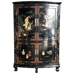 Vintage Chinese Black Lacquered and Hand Painted Demi Lune Cabinet