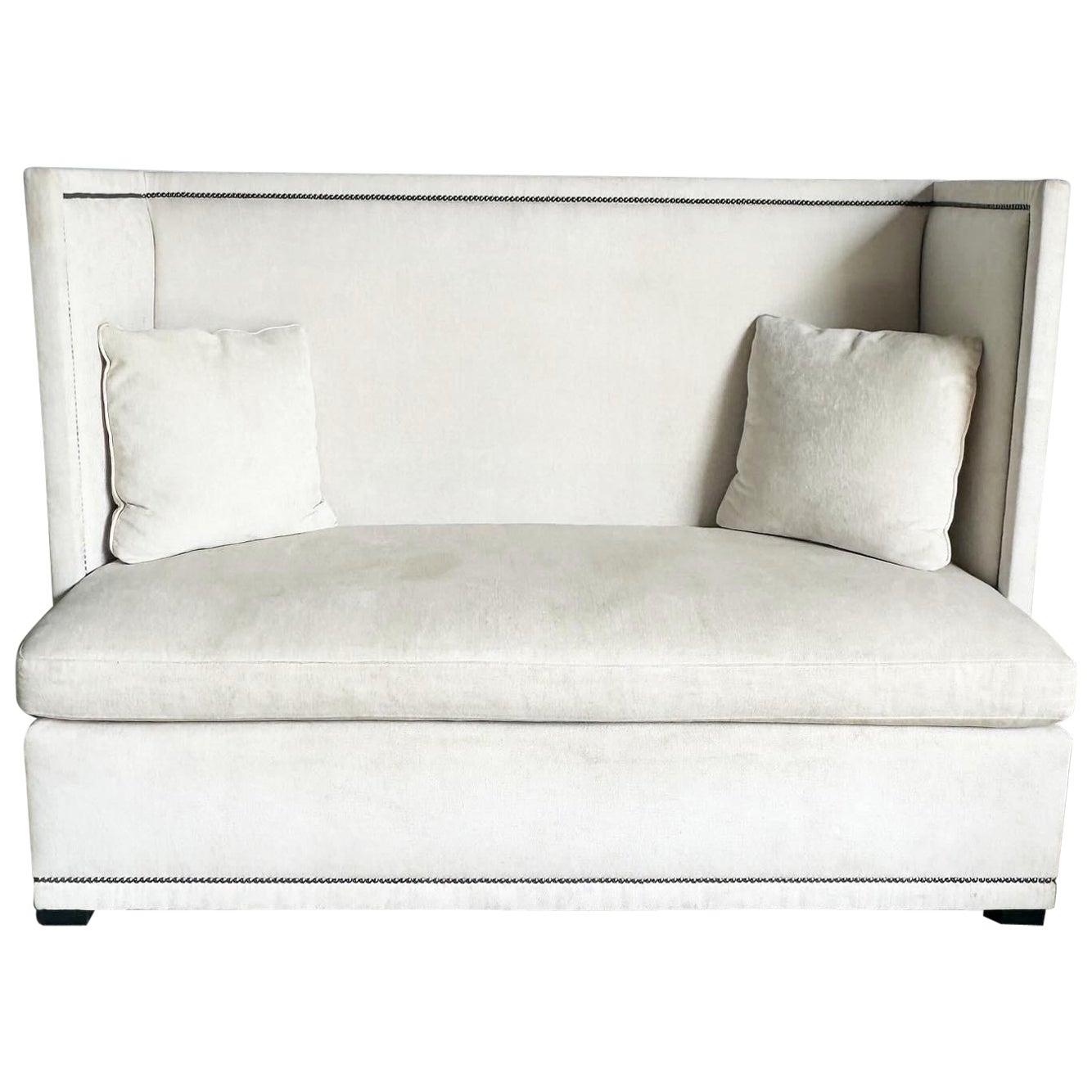 Bernhardt Ivory Fabric With Brushed Metal Nails Marcourt Banquette Sofa For Sale