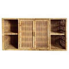 Boho Chic Woven Rattan Smoked Glass Top Credenza