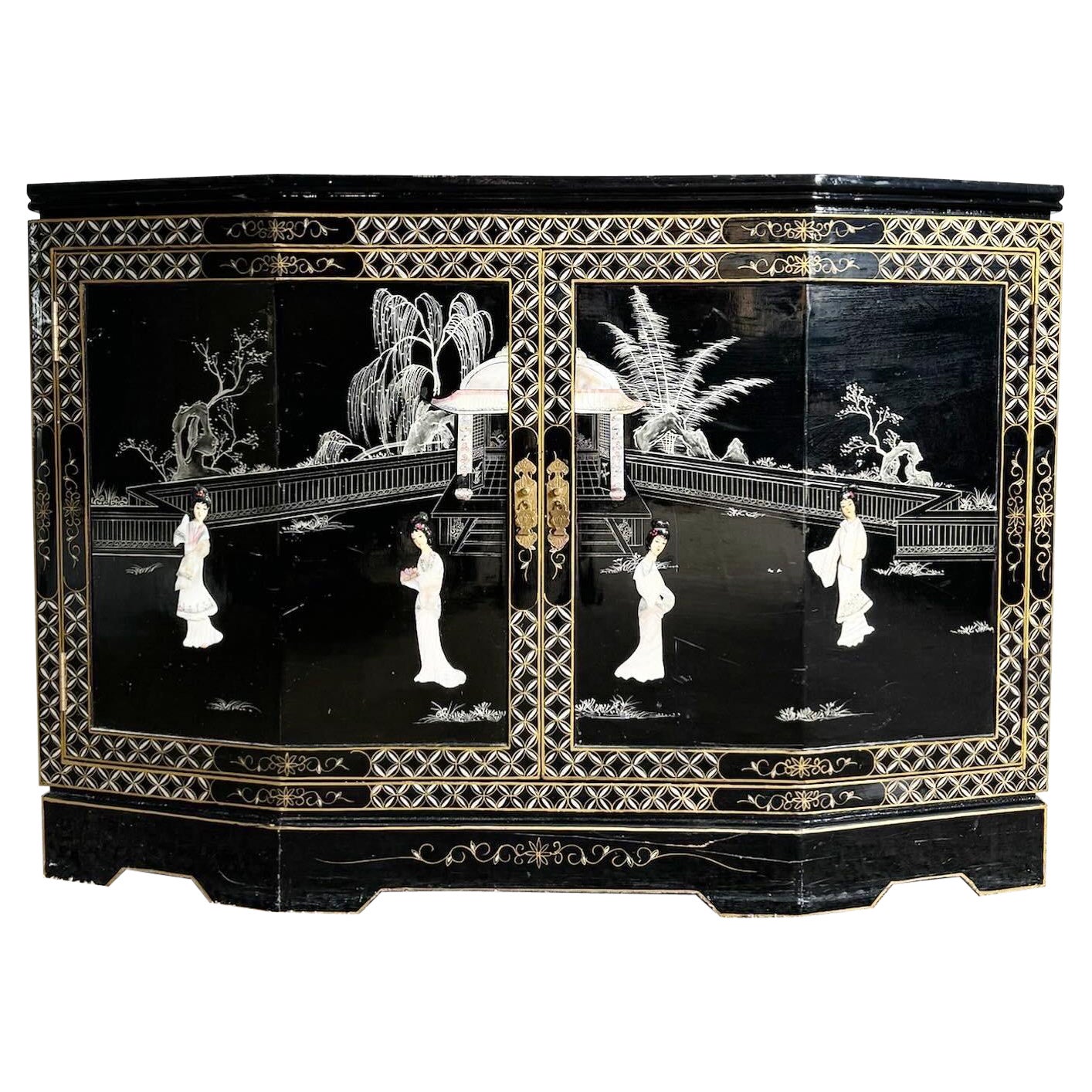 Chinese Black Lacquered and Hand Painted With Bone Stone Sideboard For Sale