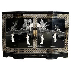 Retro Chinese Black Lacquered and Hand Painted With Bone Stone Sideboard