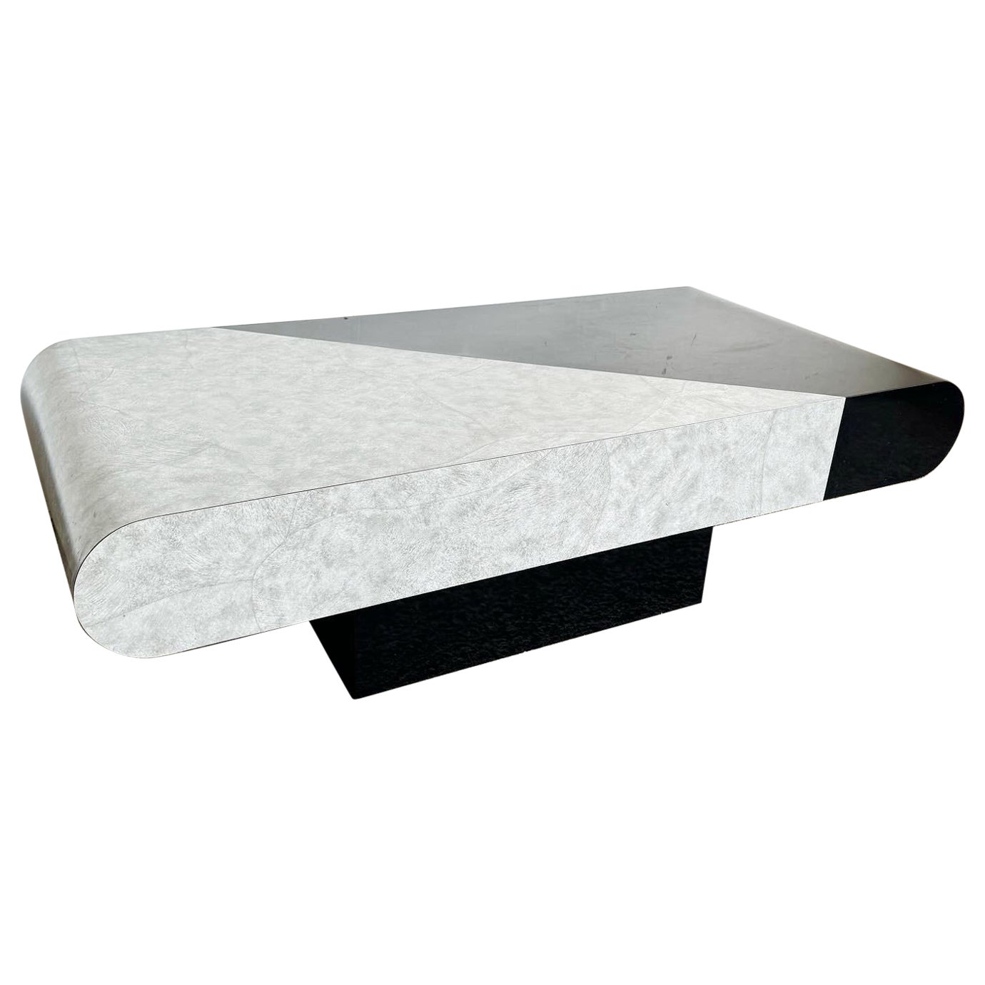 Postmodern Black Gloss and Faux Stone Laminate Bullnose Coffee Table For Sale