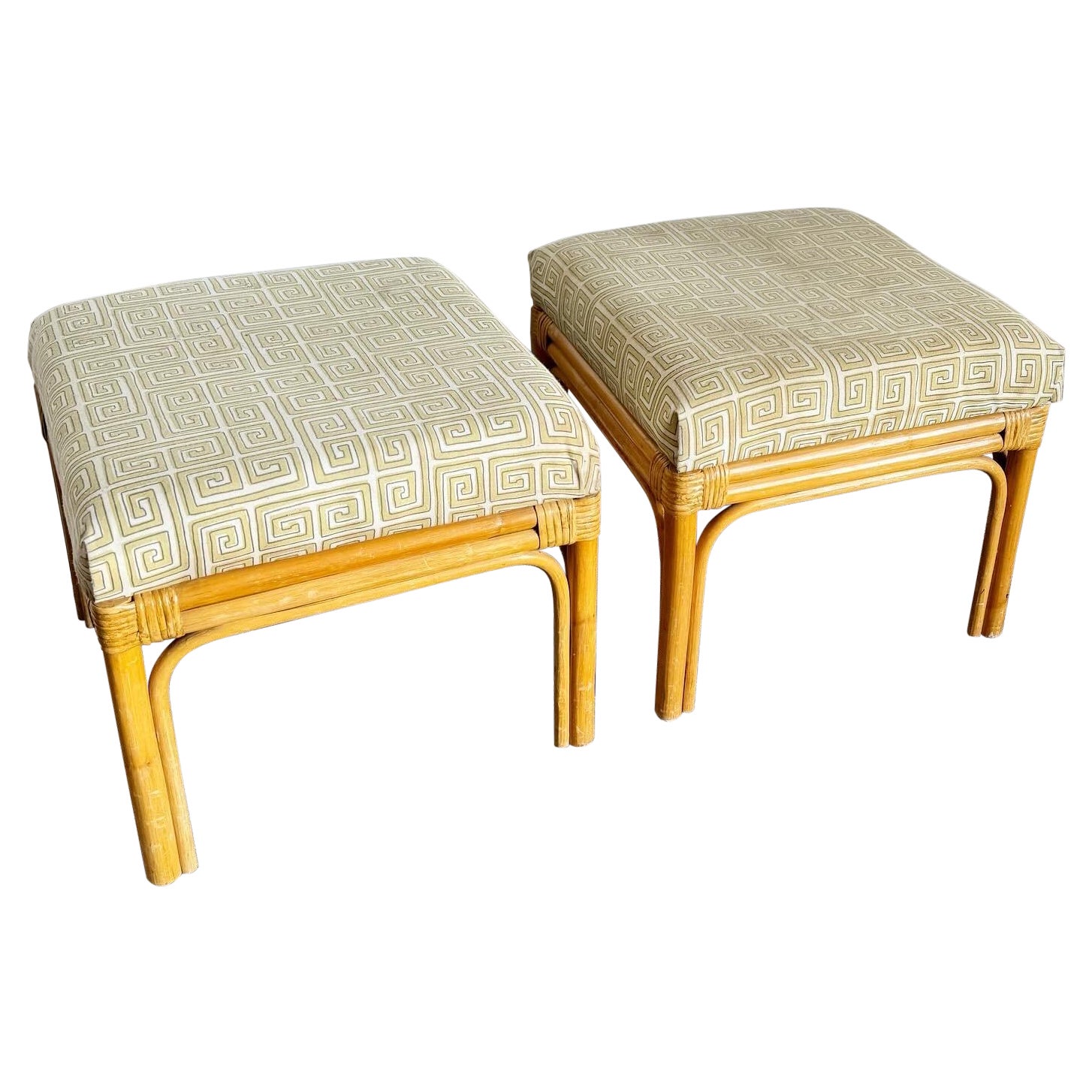 Boho Chic Bamboo Rattan Square Top Ottomans/Low Stools - a Pair For Sale