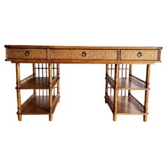 Boho Chic Faux Bamboo and Leather Top Wicker Desk