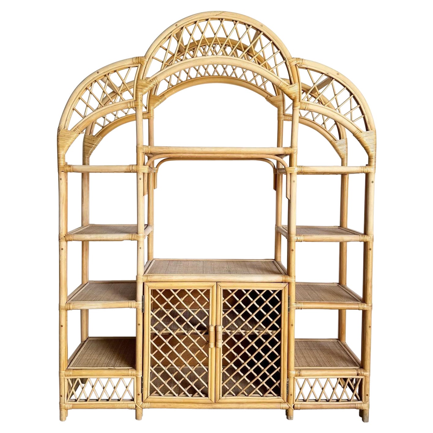 Boho Chic Arched Bamboo Rattan and Wicker Etagere For Sale