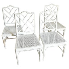 Coastal Chippendale Style Faux Bamboo and Cane Dining Chairs - Set of 4