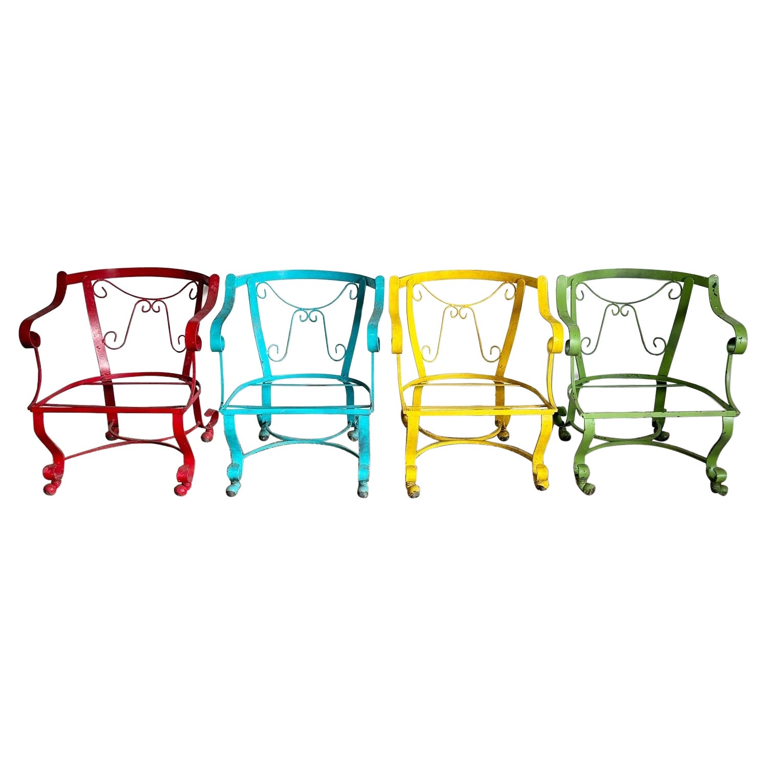 Wrought Iron Multi Colored Arm Chairs on Caster - Set of 4