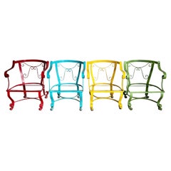 Retro Wrought Iron Multi Colored Arm Chairs on Caster - Set of 4
