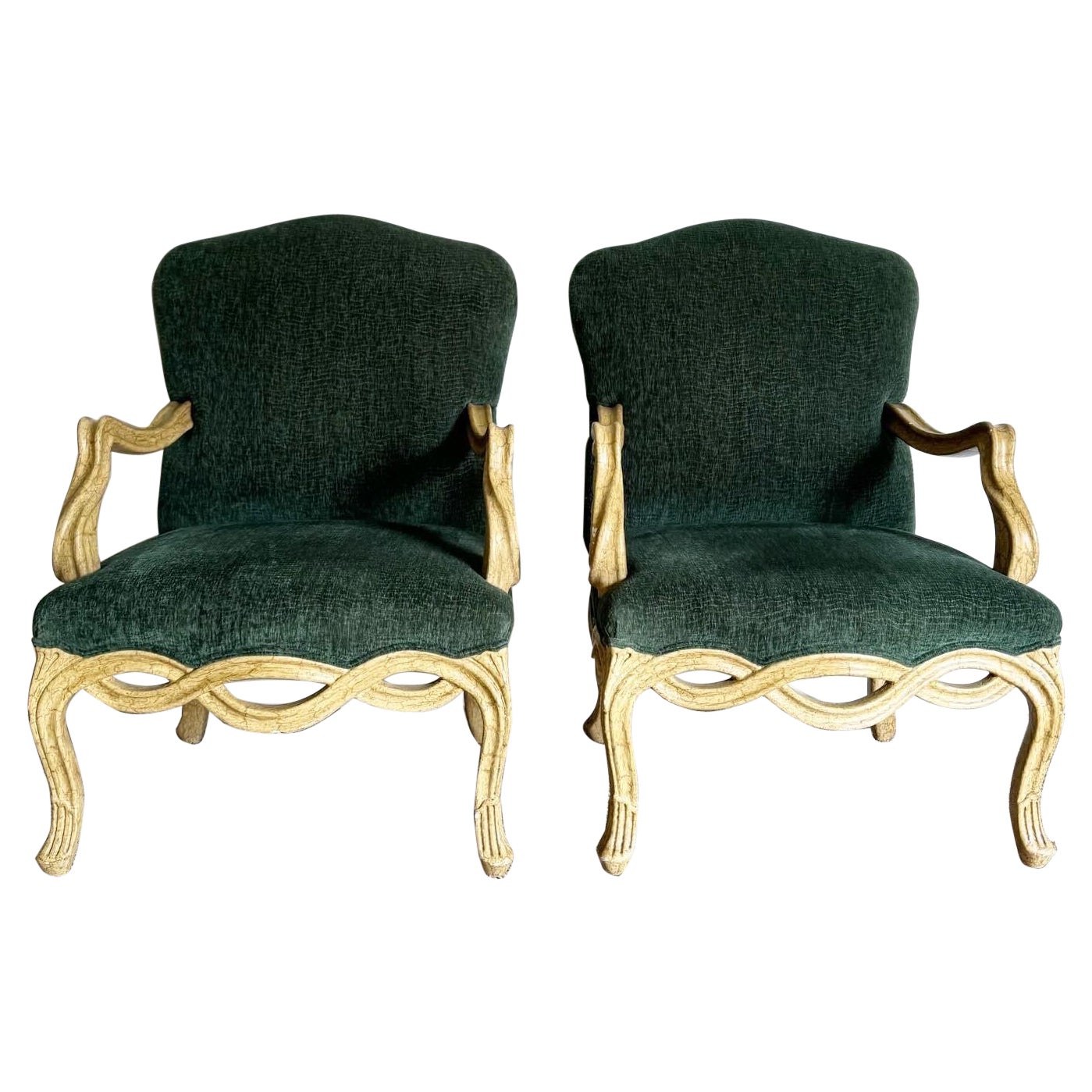 French Provincial Style Green Arm Chairs With Twisting Wooden Frame - a Pair