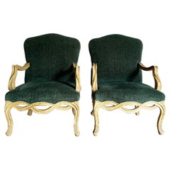 Retro French Provincial Style Green Arm Chairs With Twisting Wooden Frame - a Pair