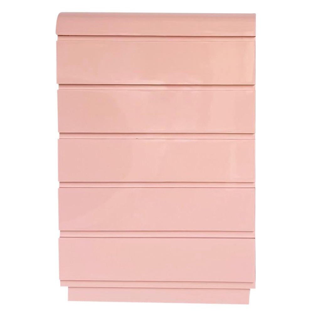 Postmodern Pink Lacquer Laminate Waterfall Highboy Dresser For Sale