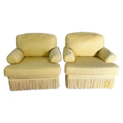 Regency Yellow Fabric Arm Chairs With Pillows and Covers - a Pair