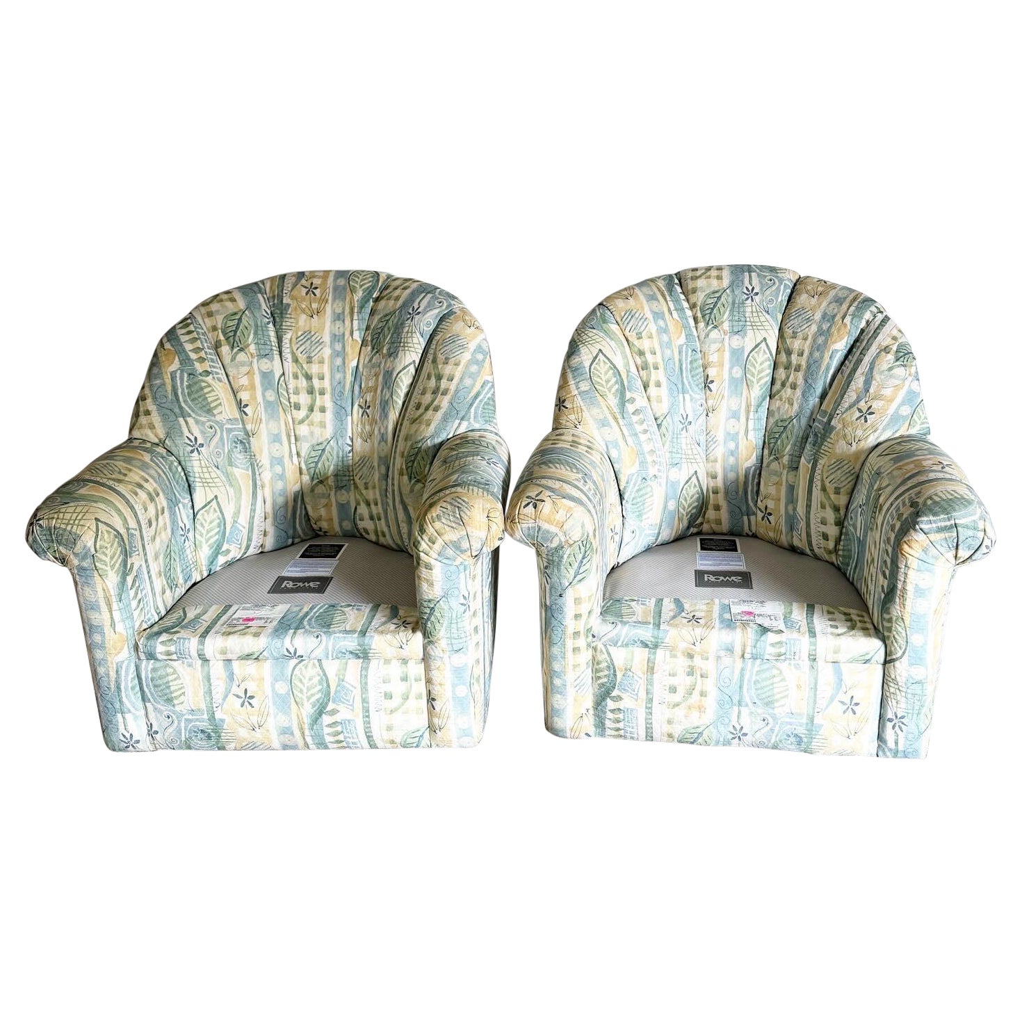 Postmodern Floral Patterned Fabric Swivel Chairs - a Pair
