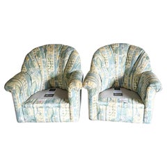 Retro Postmodern Floral Patterned Fabric Swivel Chairs - a Pair