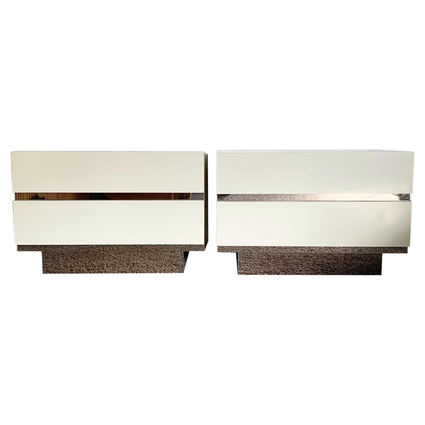 Postmodern Cream Lacquer Laminate With Glass Mirror Paneling - a Pair