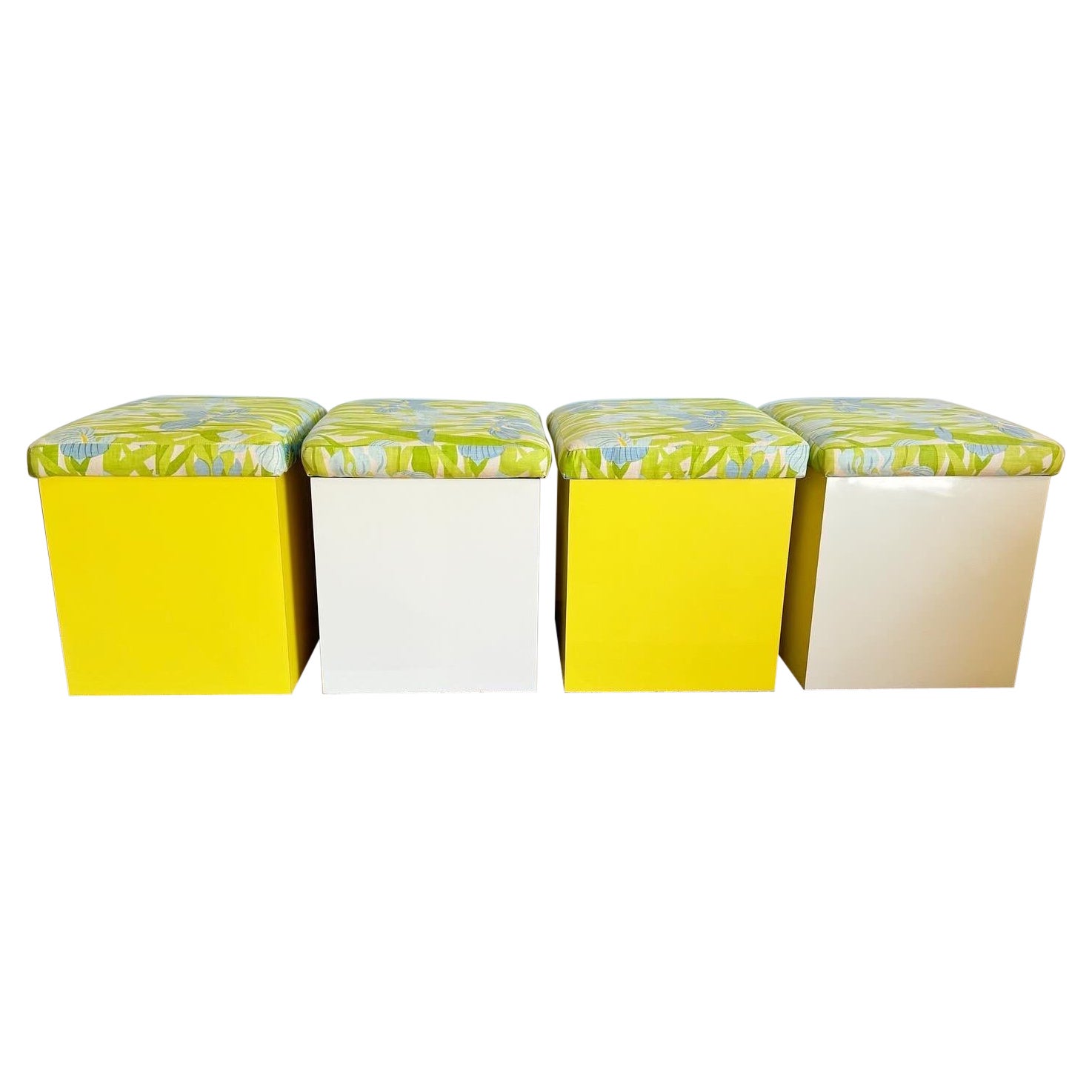 Boho Regency Yellow and Off White Lacquer Laminate Floral Cushion Low Stools For Sale