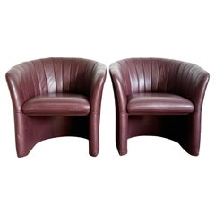 Retro Postmodern Maroon Faux Leather Clam Shell Back Barrel Chairs - a Pair