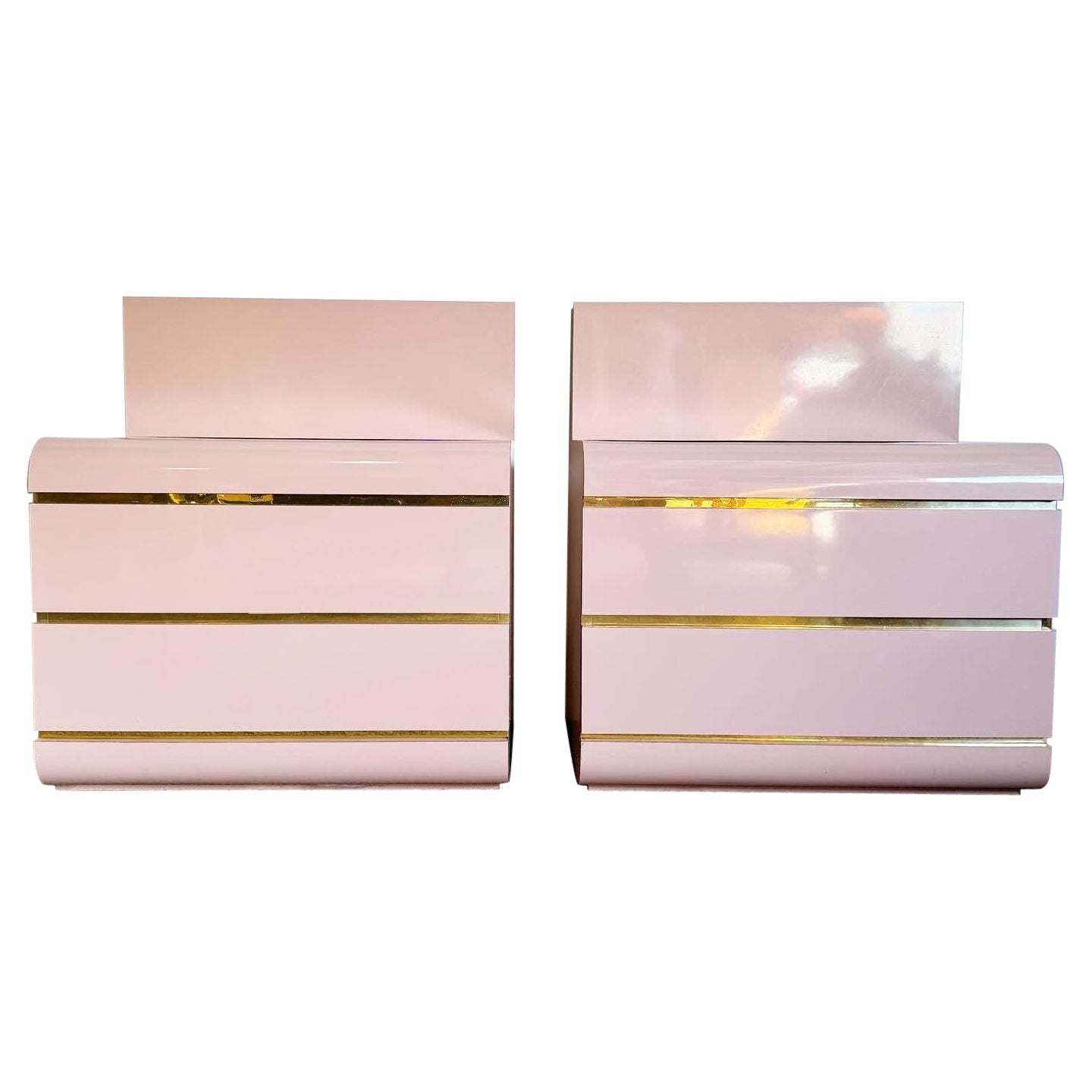 Postmodern Pink Lacquer Laminate Waterfall Nightstands With Gold Accents, a Pair For Sale