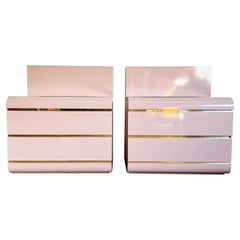 Postmodern Pink Lacquer Laminate Waterfall Nightstands With Gold Accents, a Pair