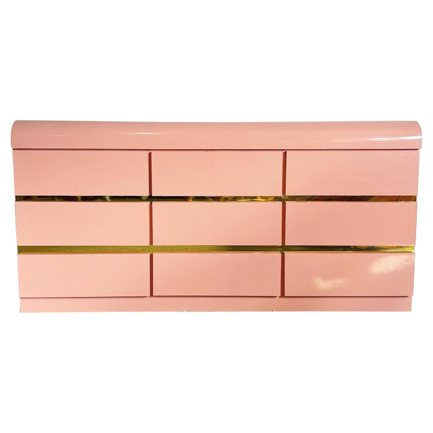 Postmodern Pink Lacquer Laminate Waterfall Dresser With Gold Accents