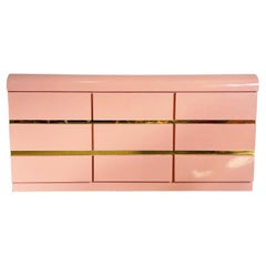 Retro Postmodern Pink Lacquer Laminate Waterfall Dresser With Gold Accents