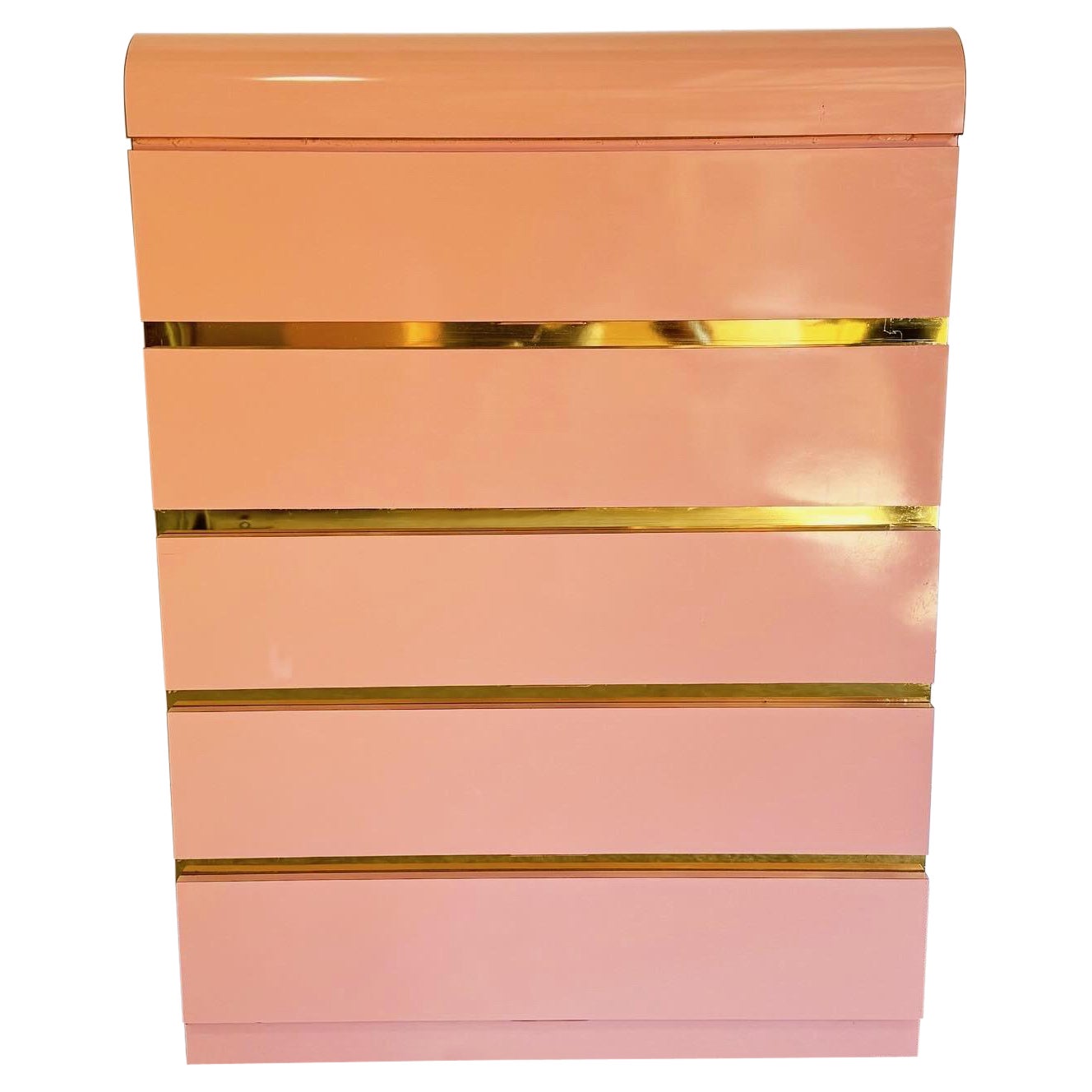 Postmodern Pink Lacquer Laminate Waterfall Highboy Dresser With Gold Accents For Sale