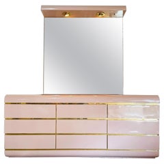 Postmodern Pink Lacquer Laminate Dresser With Lighted Mirror and Gold Accents