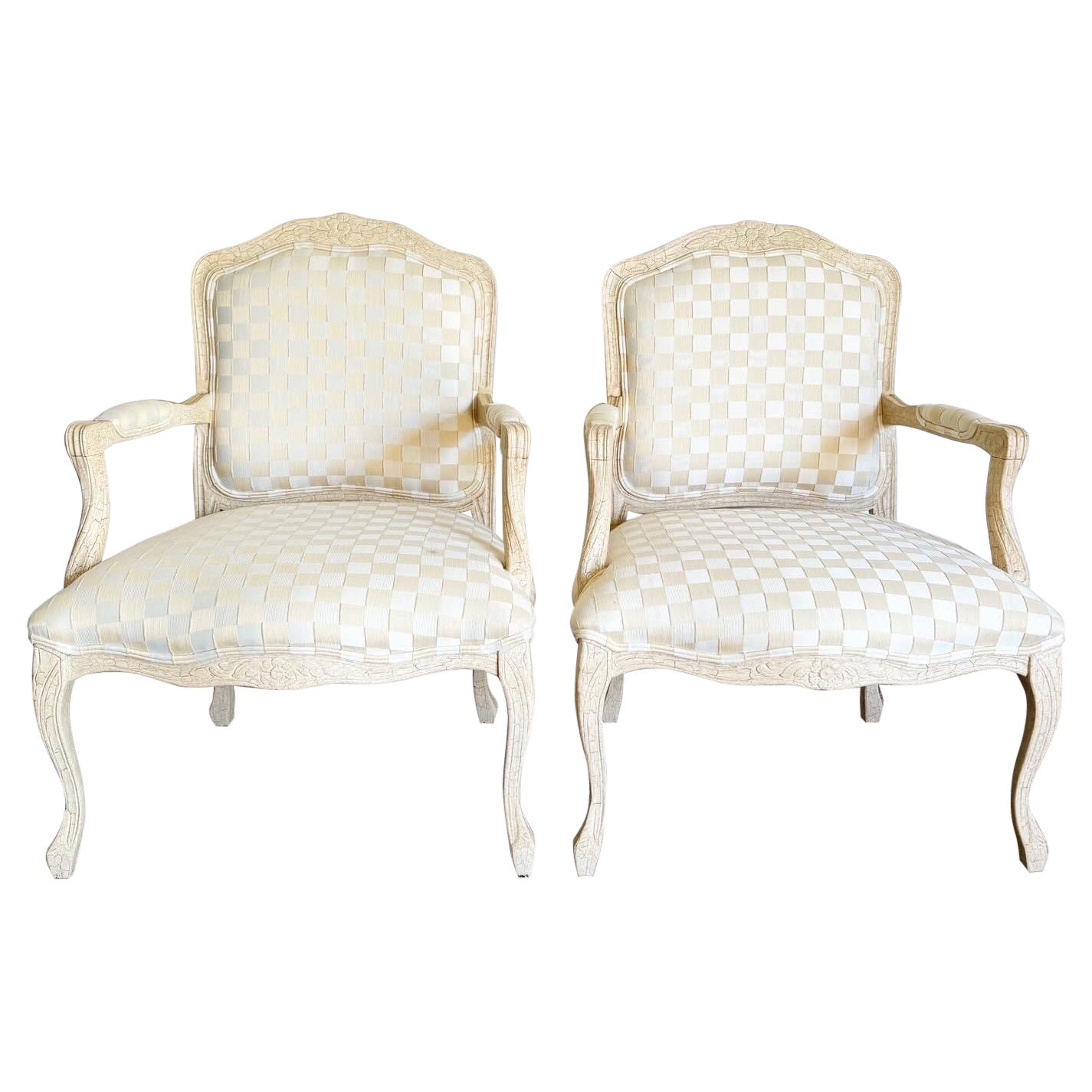 Vintage Regency Cream Crackled Finish Arm Chairs - a Pair For Sale