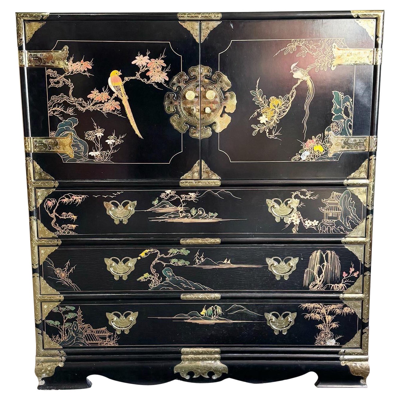 Chinese Black and Gold and Hand Painted Armoire/Chest of Drawers For Sale