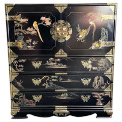 Vintage Chinese Black and Gold and Hand Painted Armoire/Chest of Drawers
