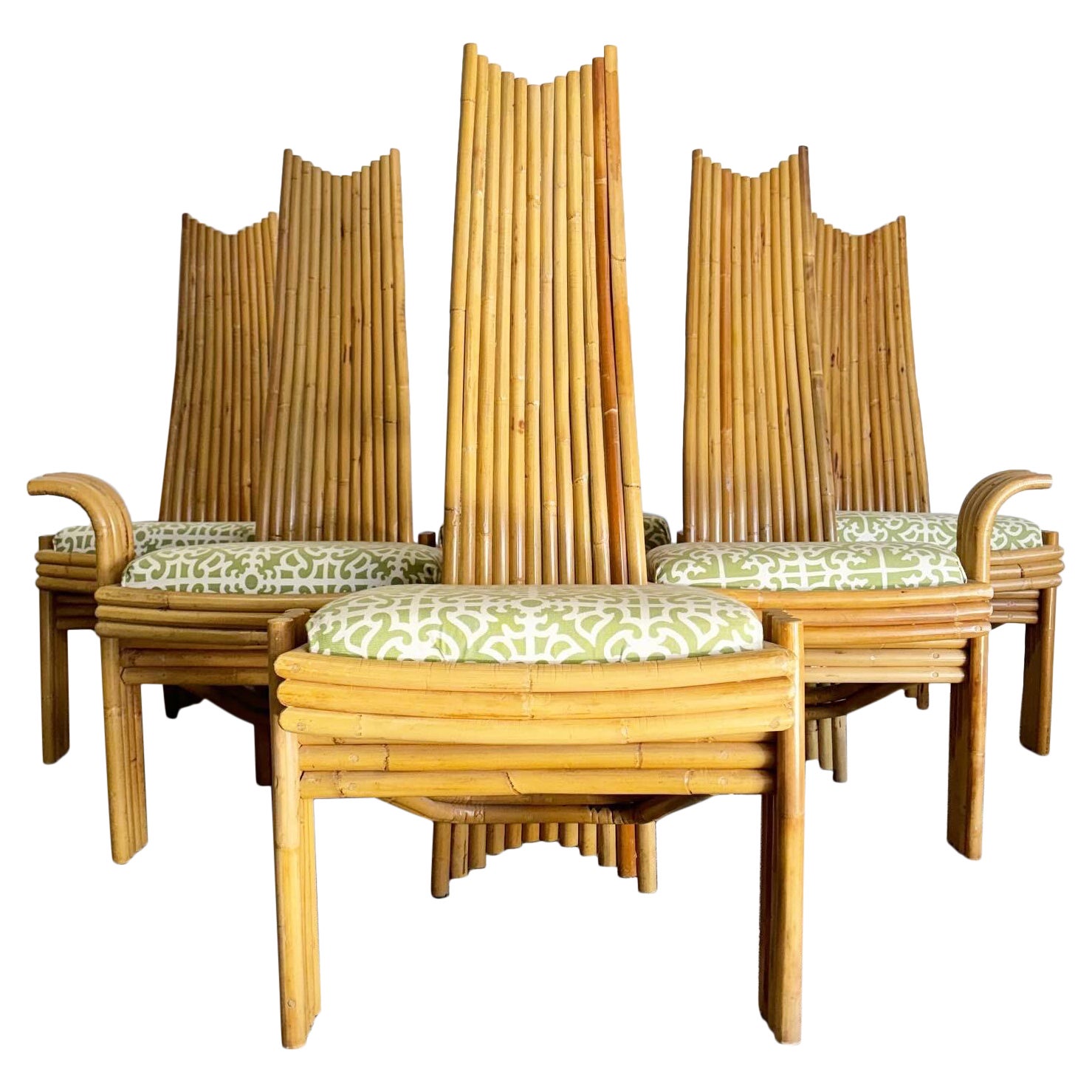 1970s Vintage Boho Chic High Back Bamboo Dining Chairs - Set of 6 For Sale