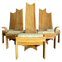 1970s Vintage Boho Chic High Back Bamboo Dining Chairs - Set of 6