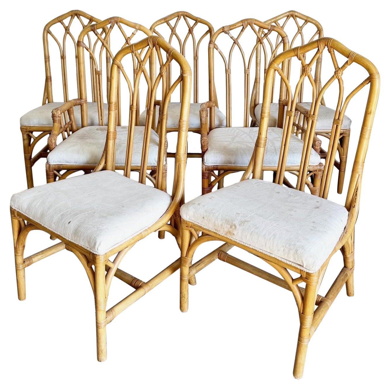 Boho Chic Bamboo Rattan Henry Link Dining Chairs - Set of 7 For Sale
