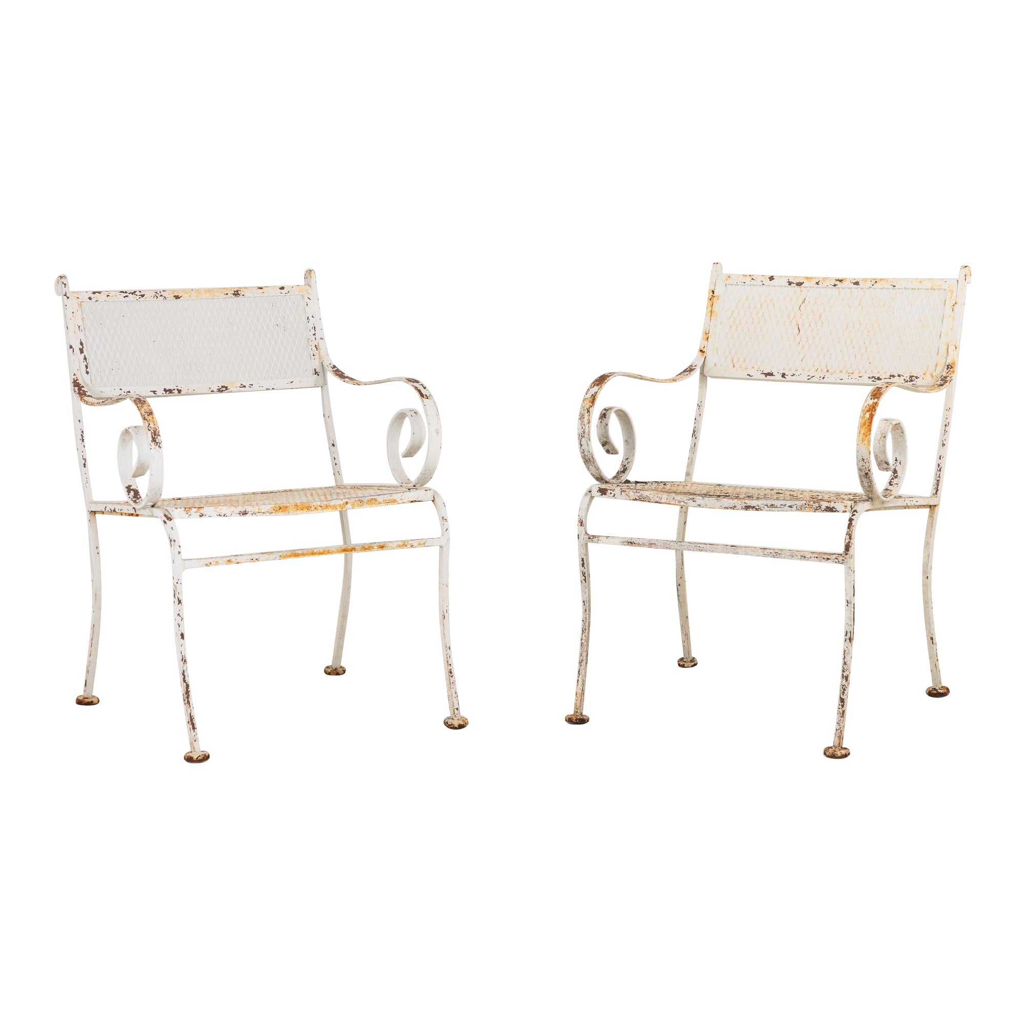 Pair White Painted Metal Garden Chairs, American mid 20th Century For Sale